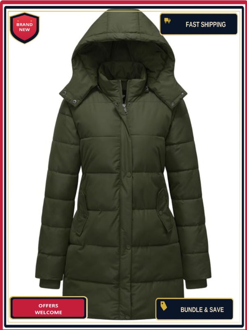 Women's Winter Puffer Coat Mid Length Quilted Removable Hood Windproof
